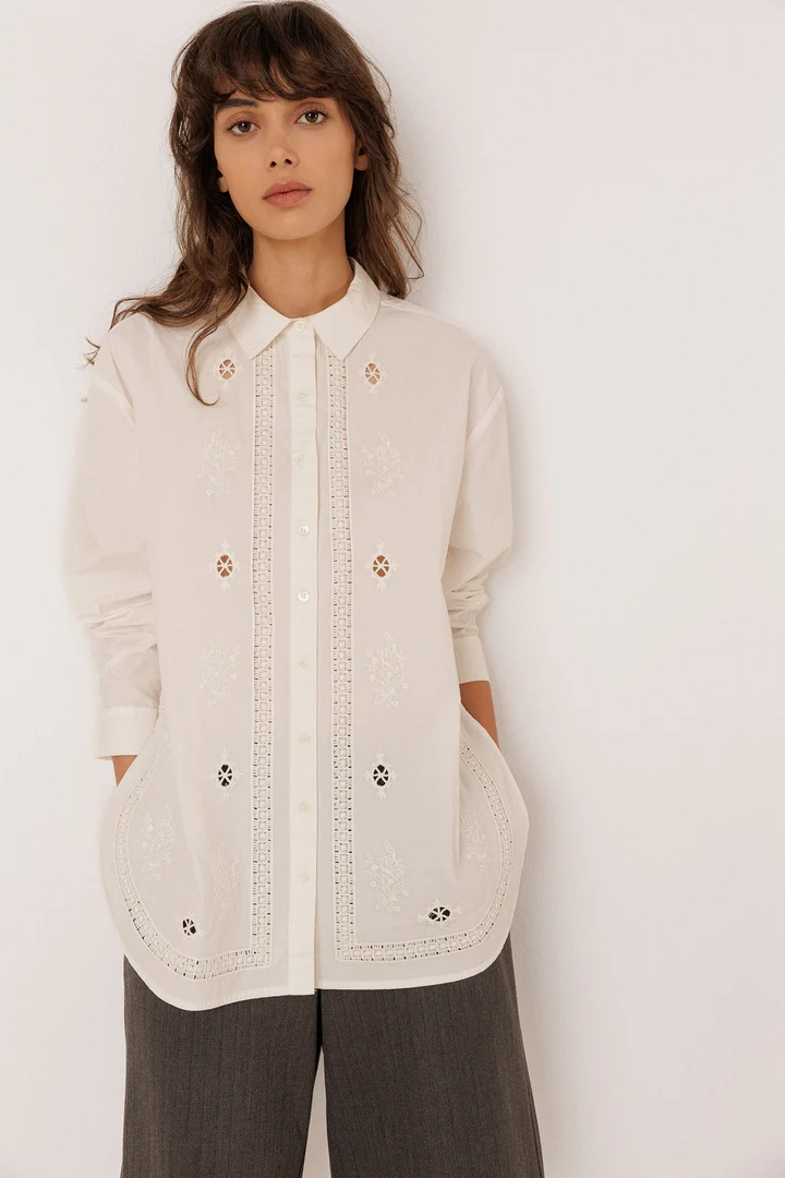 Indi & Cold Embroidered Poplin Maxi Shirt White
