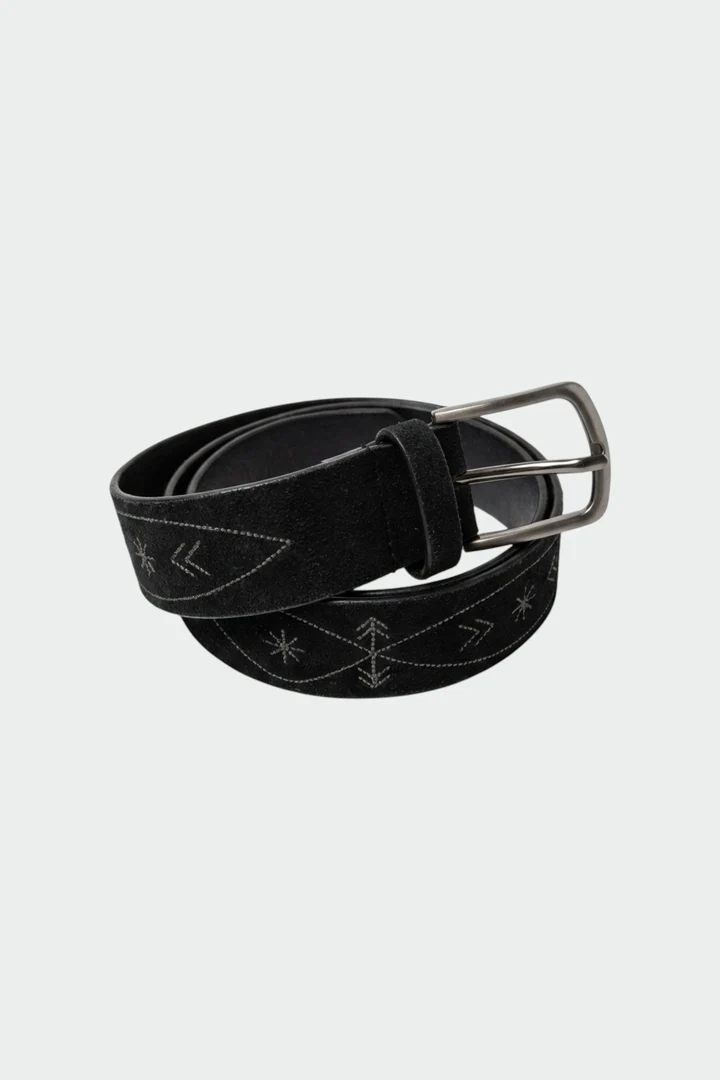 Indi & Cold Embroidered Leather Belt Black